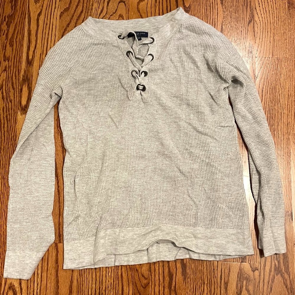 American Eagle Jegging Fit Thermal Waffle Knit Lace Up Sweater Size Xs
